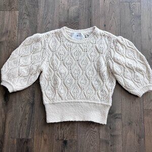 7 For All Mankind Pointelle Crochet Sweater Cream Bubble Sleeve Size M Boho Chic